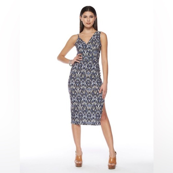 DEBORAH VIERECK ~Olive & Oak Blue Sheath V-Neck Midi Dress XS - Picture 1 of 11